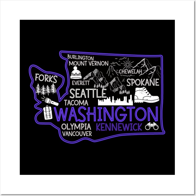 Washington Kennewick cute map Tacoma Forks Spokane Wall Art by BoogieCreates